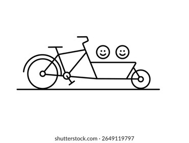Cargo bicycle with front children seat, linear simple drawing with editable stroke.