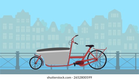 Uma bicicleta de carga perto de uma cerca em um banco de canal em Amsterdã ou na cidade europeia. Ilustração vetorial