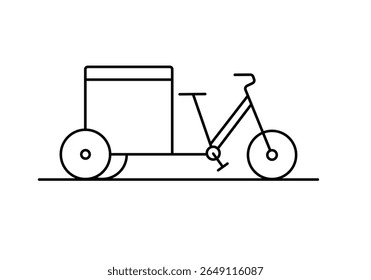 Cargo bike with back box trunk for delivery survey. Tricycle linear drawing, editable stroke.