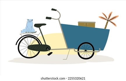 Cargo bike bakfiets standing at the parking with stuff in the box and cat on the trunk. Bohemian style flat vector illustration hand drawn.