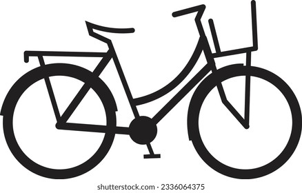Cargo bike with female frame original outline vector drawing illustration. Bicycle with basket and rack simple black line pictogram logo decoration. Heathy vehicle with pedals silhouette symbol.