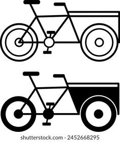 Iconos de bicicleta de carga. Iconos vectoriales en blanco y negro. Bicicleta de entrega con caja de envío para negocios. Bicitaxi tradicional, servicio de mensajería. Concepto de transporte