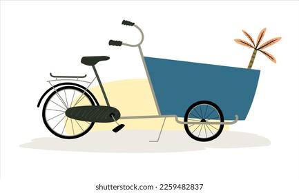 Cargo bike simple flat hand drawn style standing at the parking. Advertisement vector illustration Sunny nostalgia composition.