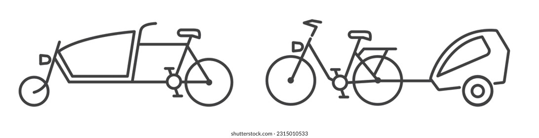 Icono de línea delgada editable de la bicicleta de carga y el remolque de la bicicleta sobre fondo blanco - ilustración vectorial 