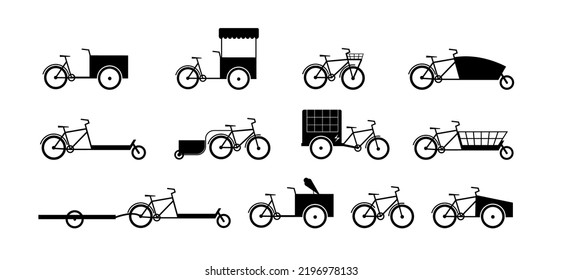 Cargo Bikes silhouette icon set. Different bicycle types. Bakfiets, cart, long john, long tail, bikes for transportation, electric cargo bike, bicycle with basket. Flat vector illustration svg