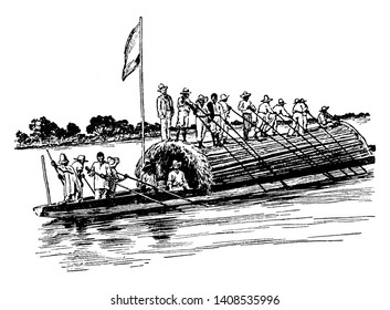 Cargo Boat es un tipo de barco que fue empujado hacia adelante usando postes que fueron lanzados al lecho del río, dibujo vintage de líneas o ilustración grabadora.