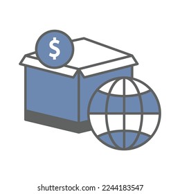 Cargo box icon illustration with earth and dollar. suitable for global price icon. icon related to logistic, delivery. Two tone icon style. Simple vector design editable