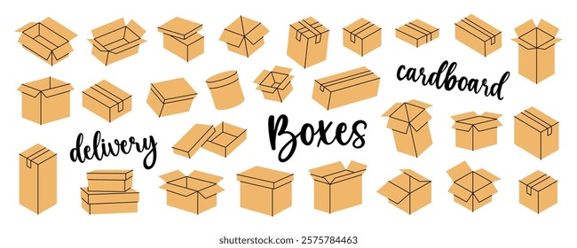 Cargo boxes. Carton delivery packaging boxes. Present gift boxes. Vector illustration.