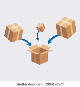 Cargo boxes directed with arrow to another box inside showing gathering of boxes