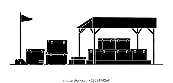 Cargo boxes and flag are displayed next to a market stall under shelter ideal for logistics and supply chain concepts