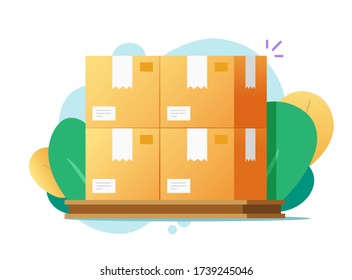 Cargo boxes pallet for warehouse vector flat on colorful background or cardboard freight packages stack illustration, concept of carton pack shipping transportation storage modern design