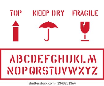 Cargo cardboard box icon stamp set fragile, keep dry, top and crate font for logistics or packaging. Means in need of protection from moisture, cargo fragility, this way up. Vector illustration