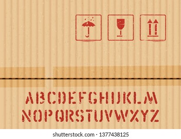 Cargo cardboard box icon stamp set: fragile, keep dry, top and crate font for logistics or packaging. Means in need of protection from moisture, cargo fragility, this way up. Vector illustration