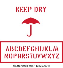 Cargo cardboard box keep dry stamp with umbrella icon and crate font for logistics or packaging. Means in need of protection from moisture. Vector illustration