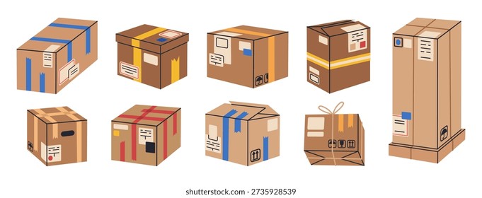 Cargo cardboard boxes. Packed parcels, stacked carton warehouse box piles, delivery or moving carton containers stack flat vector illustration set. Hand drawn boxes on white background