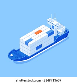 Cargo commercial ship with pile metallic rectangle container isometric vector illustration. Freight delivery maritime express service global economy export import trade transportation nautical tanker