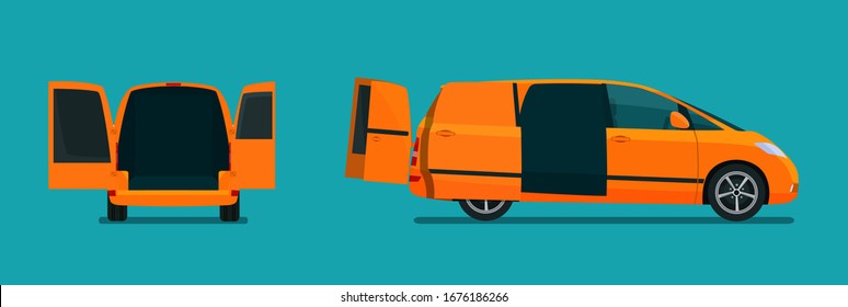 Cargo compact van with open tailgate. Side view and back view. Vector flat style illustration.