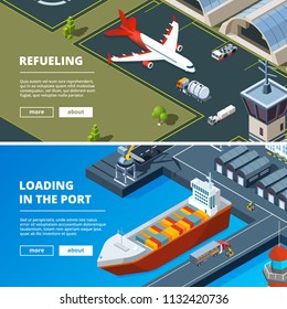 Cargo concept banners. Horizontal pictures of freight delivery transport. Transport freight, delivery cargo, logistic shipping container, transportation sea and air illustration