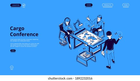 Cargo conference isometric landing page, business people discuss global freight distribution at desk with world map in office. International company logistics operations control, 3d vector web banner