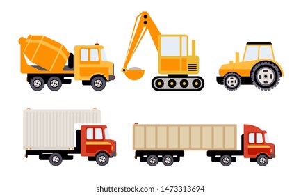 Cargo, Construction and Specialized Machinery Set, Concrete Mixer Truck, Excavator, Tractor, Tank, Refrigerator Vector Illustration