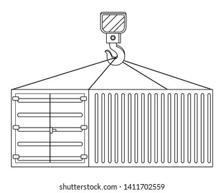 cargo container hanging on a crane hook in black and white