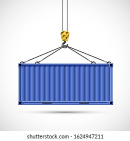 Cargo container hanging on a crane hook. Isolated on a white background. Vector illustration. Freight shipping.