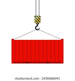 Cargo container hanging on a crane hook. Port crane. Worldwide delivery. Vector illustration