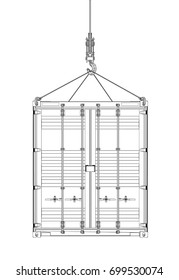 Cargo container hanging on hook of crane. Vector rendering of 3d