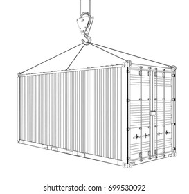 Cargo container hanging on hook of crane. Vector rendering of 3d