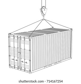 Cargo container hanging on hook of crane. Vector rendering of 3d