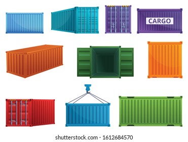Cargo container icons set. Cartoon set of cargo container vector icons for web design