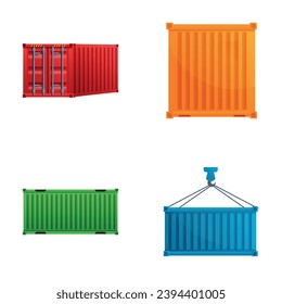 Container-Symbole für Frachtcontainer setzen Cartoon-Vektorgrafik. Industriekrane Haken und Behälter. Konzept des Frachtverkehrs