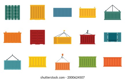 Cargo container icons set. Flat set of cargo container vector icons isolated on white background