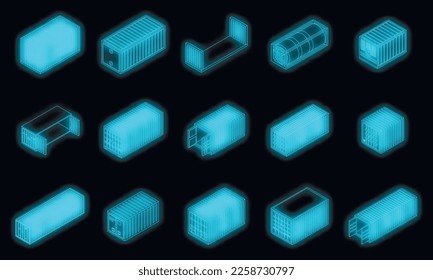 Cargo container icons set. Isometric set of cargo container vector icons neon on black isolated