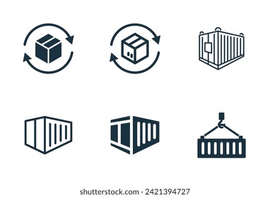 Cargo container icons set on white background. online delivery service business. Parcel container, packaging boxes, web design for applications.