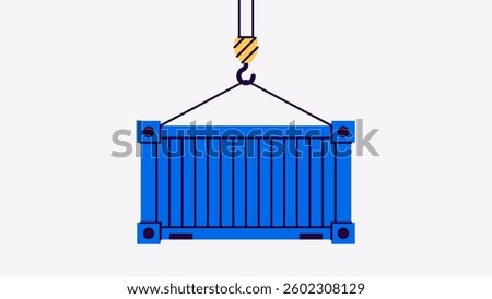 Cargo container isolated. Freight shipping box hanging on crane hook. Realistic design. Flat style vector illustration. Blue color.