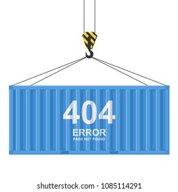 Cargo container isolated on white background. 404 error. Page not found template. Freight shipping container hanging on crane hook. Colorful simple realistic design. Flat style vector illustration.