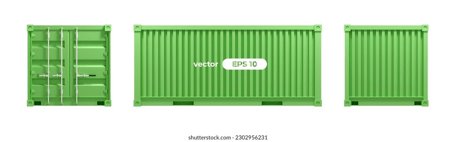 Cargo container isolated on white background. Vector illustration. 3d render. Shipping, transportation and delivery template. Green color. Realistic concept. Simple cartoon design. Eps10 illustration.