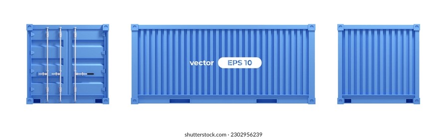 Cargo container isolated on white background. Vector illustration. 3d render. Shipping, transportation and delivery template. Blue color. Realistic concept. Simple cartoon design. Eps10 illustration.