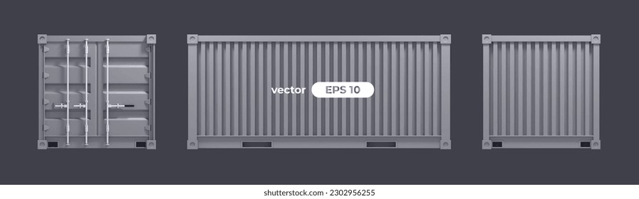 Cargo container isolated on white background. Vector illustration. 3d render. Shipping, transportation and delivery template. Grey color. Realistic concept. Simple cartoon design. Eps10 illustration.