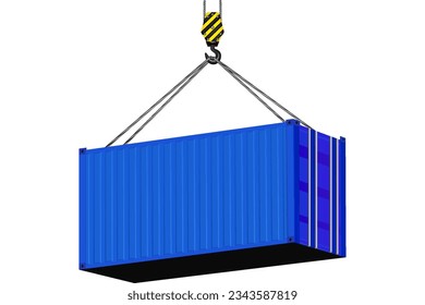 A cargo container lifted by a crane with rope slings.
