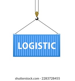 Cargo container logistic. Cargo transport container hangs on a crane hook. Import and export. The concept of worldwide shipping by sea or distribution of goods in the world. Vector illustration