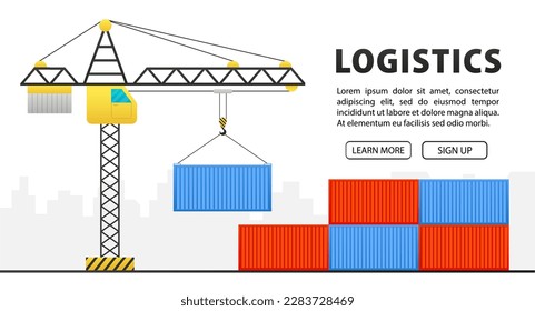 Cargo container logistic. Cargo transport container hangs on a crane hook. Crain and container on warehouse. Freight transport and logistics concept. Freight Shipping concept. Vector illustration