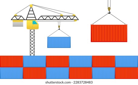 Cargo container logistic. Cargo transport container hangs on a crane hook. Import and export. The concept of worldwide shipping. Freight Shipping concept. Vector illustration