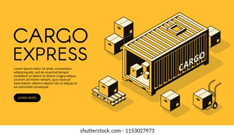 Cargo container logistics vector illustration of warehouse with parcel boxes unload on pallet for express delivery or freight shipping. Isometric black thin line art on yellow halftone background