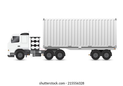Cargo container on back trailer and towed by front tractor,  Cargo container or shipping container for shipment storage and transport goods product and raw material, Vector illustration design.