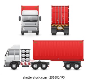 Cargo container on back trailer and towed by front tractor,  Cargo container or shipping container for shipment storage and transport goods product and raw material, Vector illustration design.