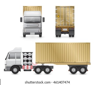 Cargo container on back trailer and towed by front tractor,  Cargo container or shipping container for shipment storage and transport goods product and raw material, Vector illustration design.