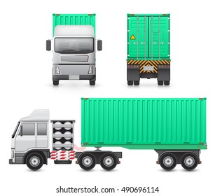 Cargo container on back trailer and towed by front tractor,  Cargo container or shipping container for shipment storage and transport goods product and raw material, Vector illustration design.