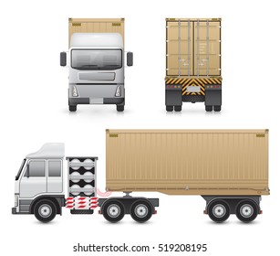 Cargo container on back trailer and towed by front tractor,  Cargo container or shipping container for shipment storage and transport goods product and raw material, Vector illustration design.